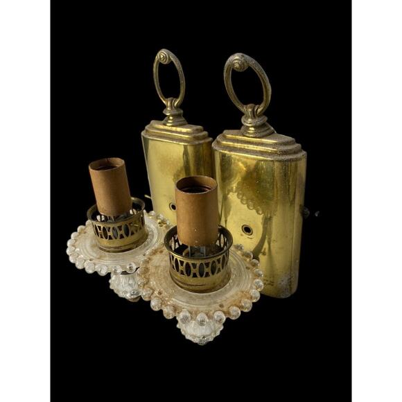 Vintage Light Fixtures Wall Sconces Lamps Set 2 Brass Glass Hollywood Regency - Picture 7 of 16
